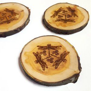 Celtic Dragonfly Wood Tree Slice Coaster Set of 4